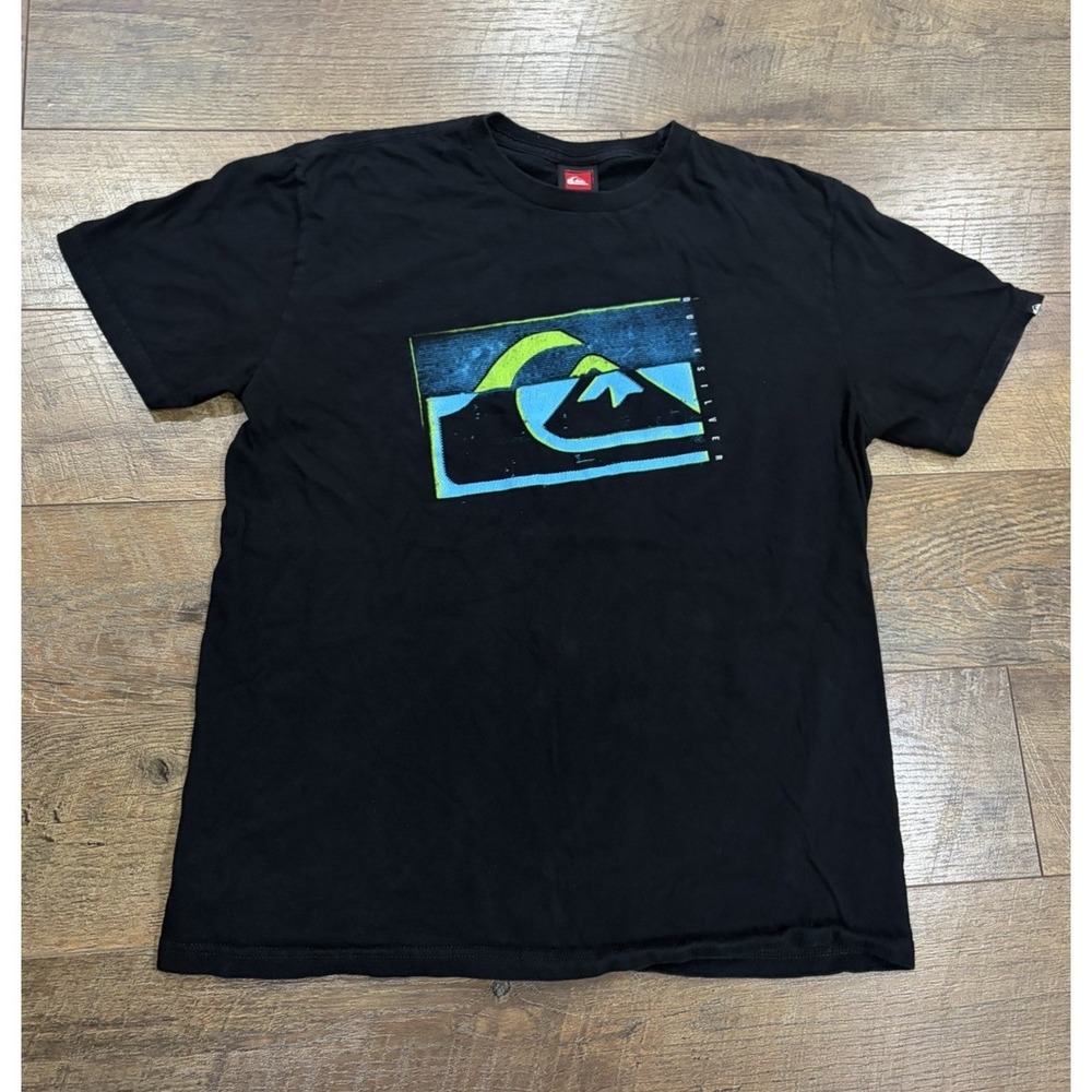 Vintage Y2k Quiksilver Neon Logo Graphic Tee Black Medium 2000s Surfwear